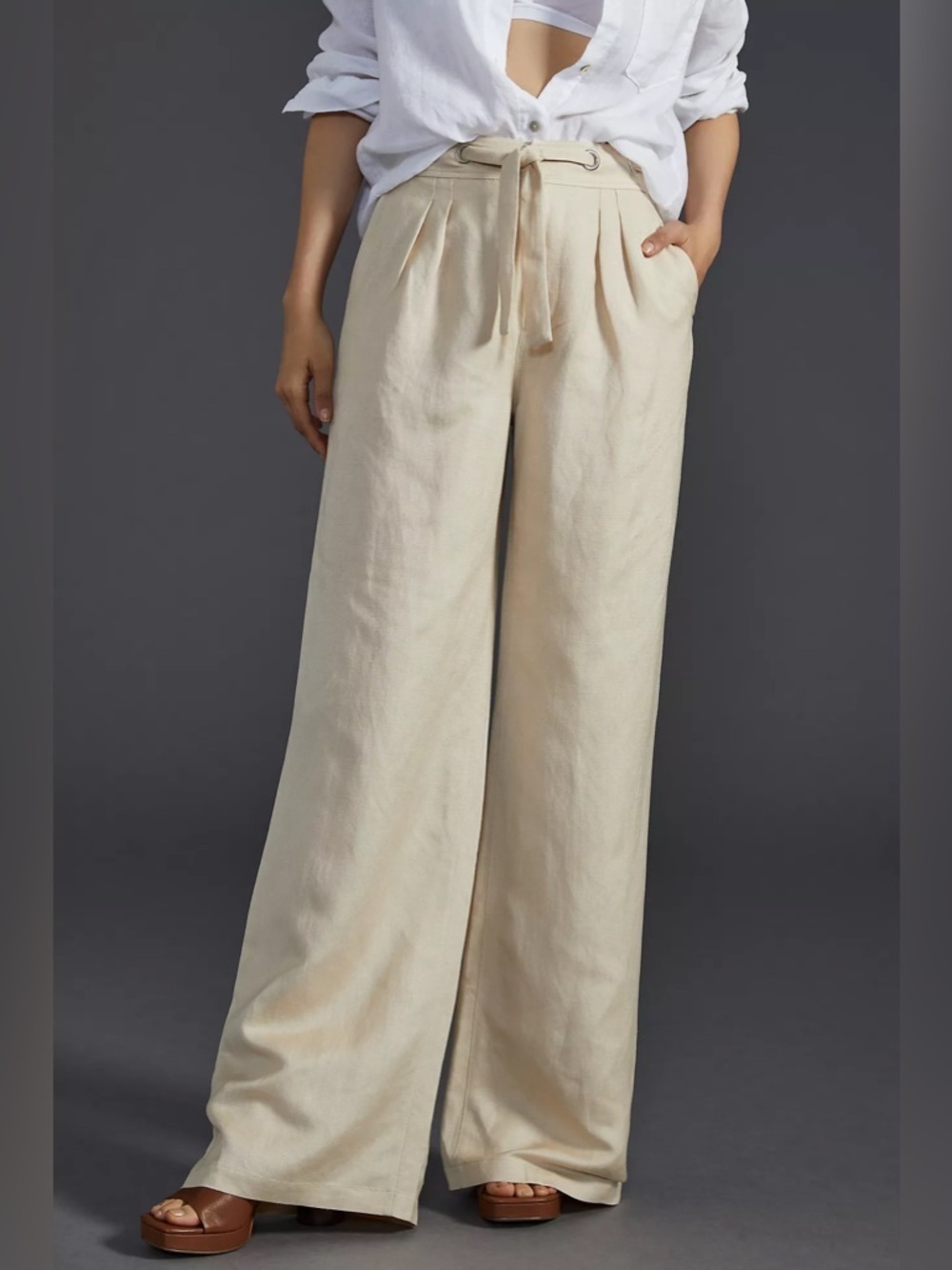 NWT PAIGE Teyana Linen Wide Leg Beige Belted Trouser Summer Pants Size 2